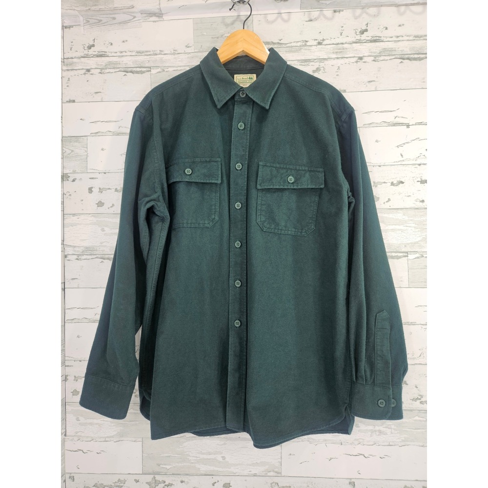 LL Bean Mens Chamois Cloth Shirt Large Forest Green Cotton Flannel Button Up